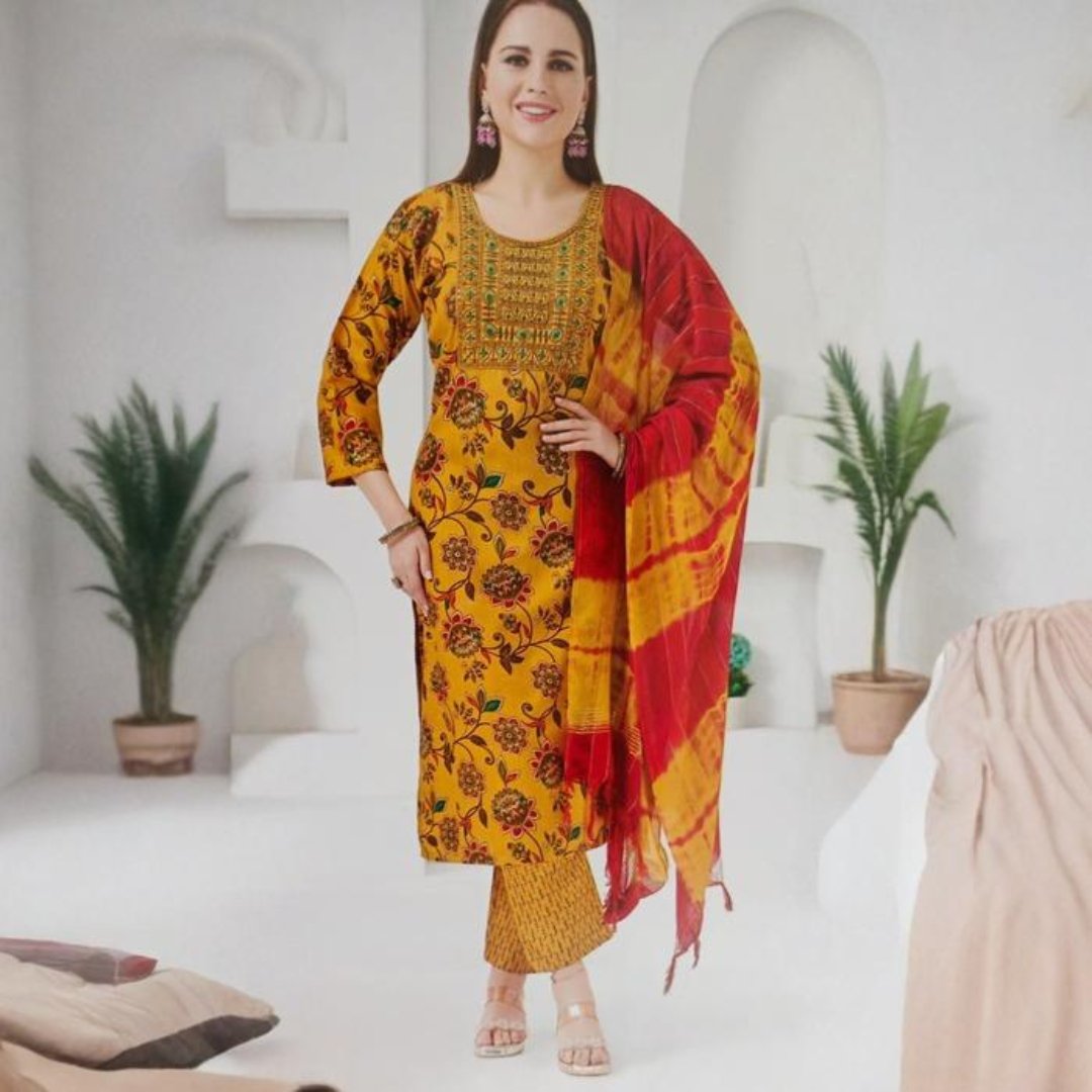 Fancy Dress Material – Mustard Yellow & Red