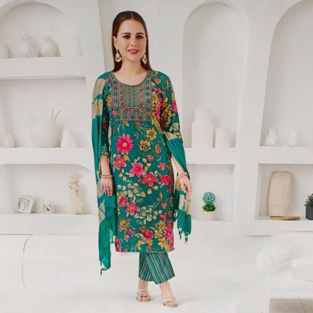 Fancy Dress Material – Green with Pink