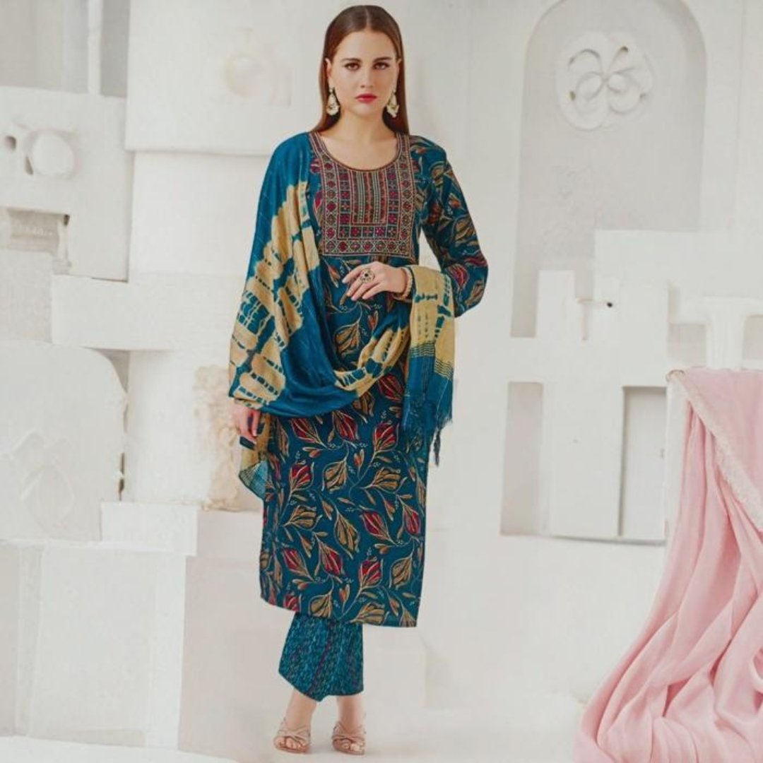 Fancy Dress Material – Peacock Blue with Red