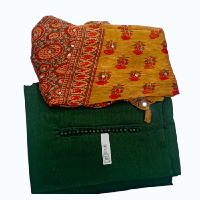 Vichitra Silk Unstitched Salwar Material with Mirror Work Dupatta – Green