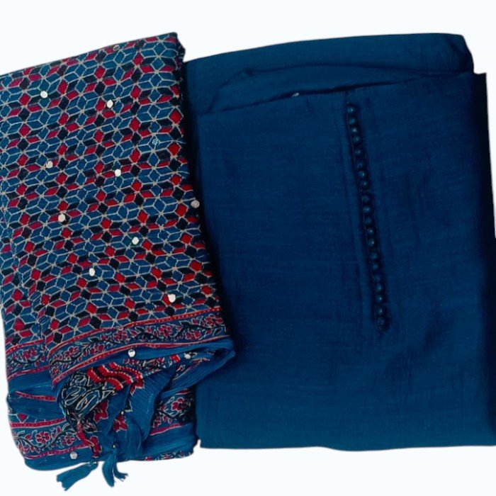 Vichitra Silk Unstitched Salwar Material with Mirror Work Dupatta – Peacock Blue